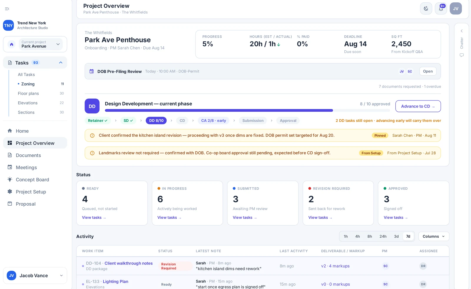 Trend New York project management app: project overview with progress, hours, payments and deadline