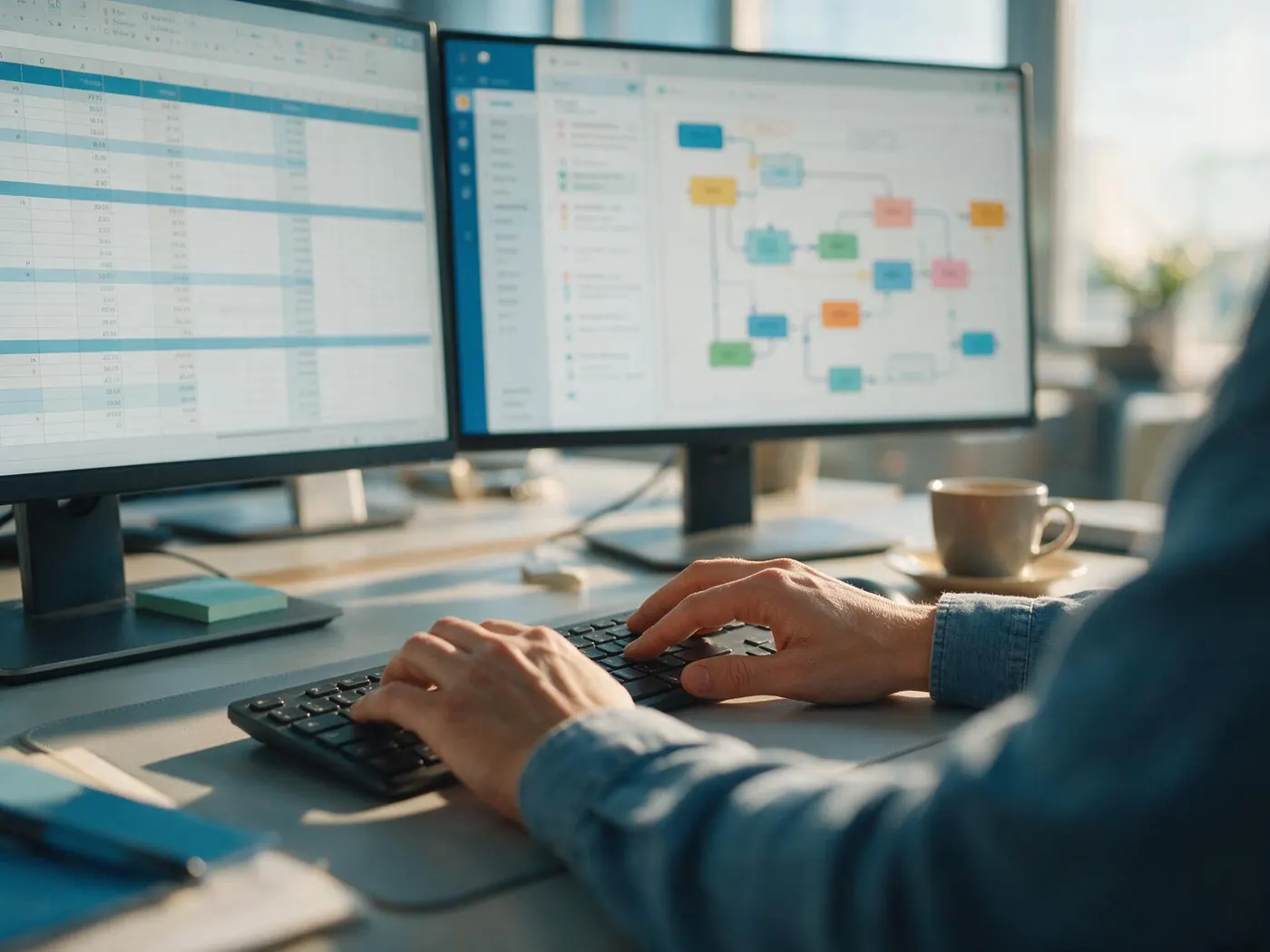Hands on a keyboard at a tidy desk with two monitors showing spreadsheets and an automation flowchart