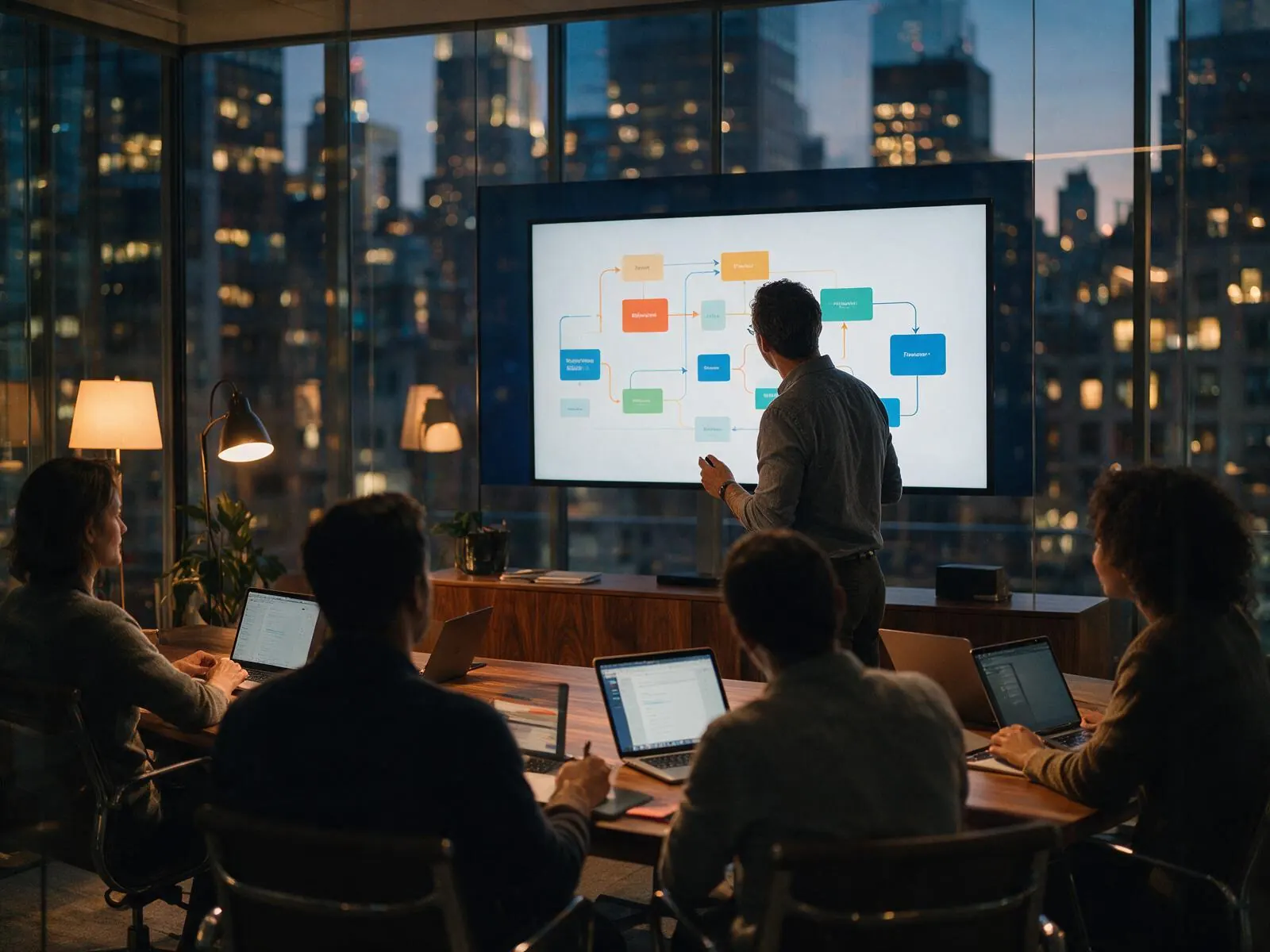 A consultant walks a team through a workflow diagram in a glass-walled conference room at dusk